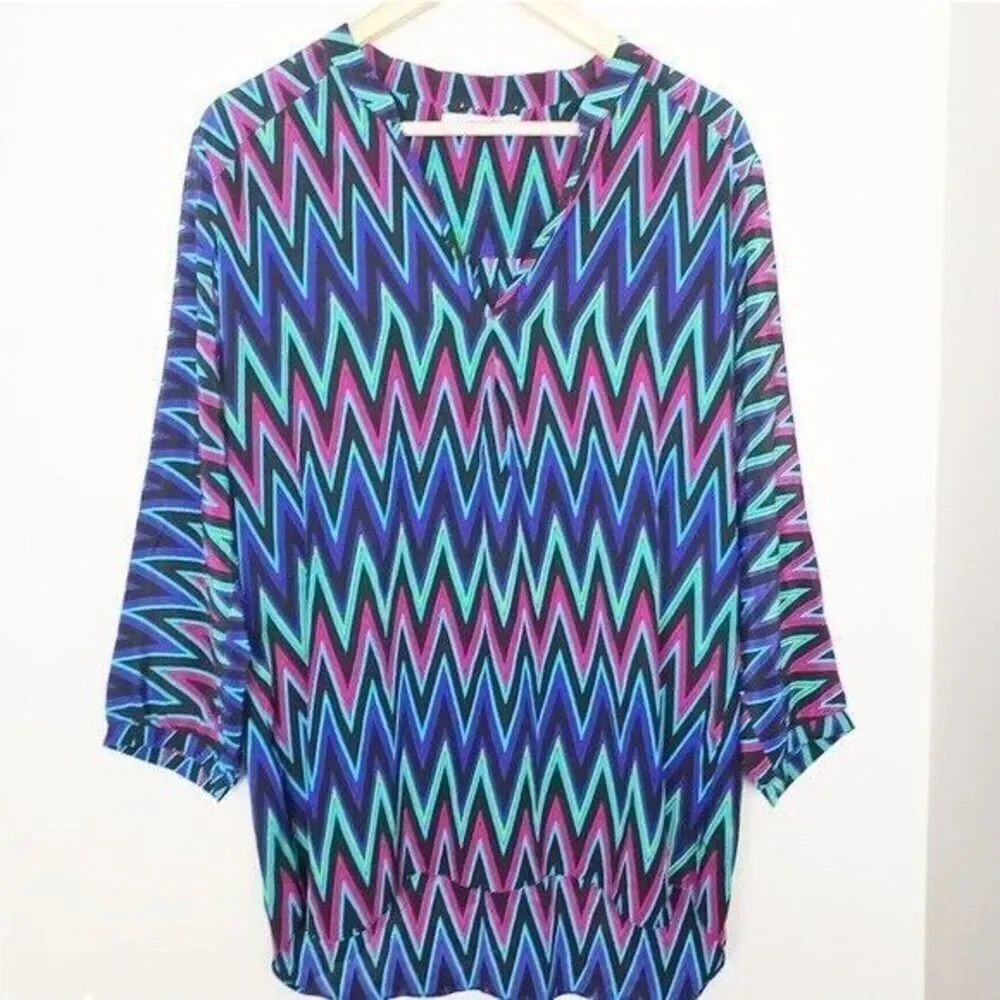 Amanda Uprichard Y2K Silk Chevron Tunic V Neck Top Large Bold Statement